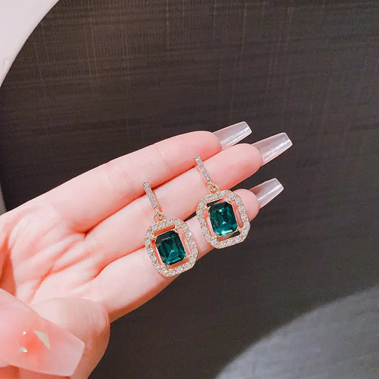 925 Silver Green Emerald Geometric Stud Earrings
