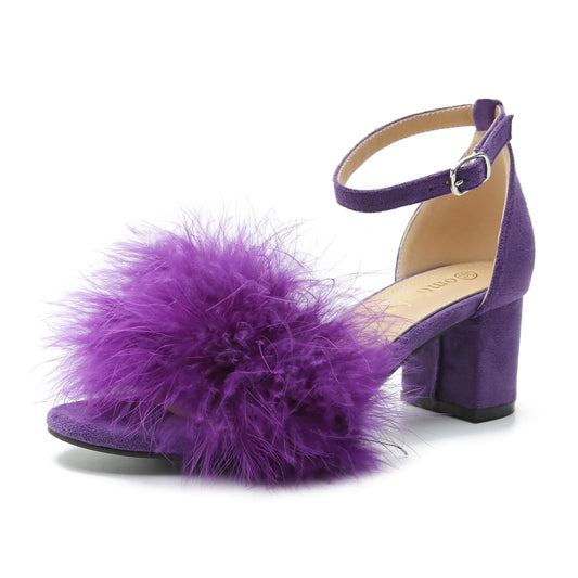 Omthanka Womens Open Toe Feather Heels Ankle Strap Low Block Chunky Heels Sandals Party Dress Pump Shoes Purple-37 US6.5