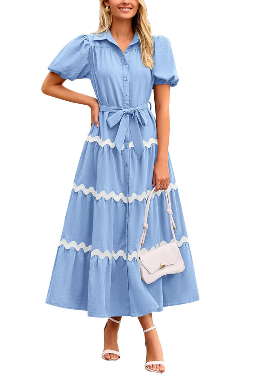 PRETTYGARDEN Womens Summer Maxi Dress Button Down Puff Short Sleeve Ruffle Casual Elegant Long Flowy Shirt Dresses with Belt (Light BlueXX-Large)
