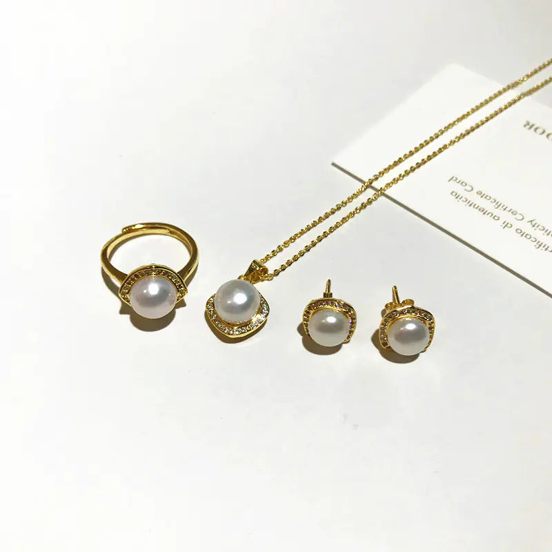 Natural Pearl Jewelry Set: Necklace, Earrings, Ring
