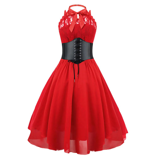 Womens Sleeveless Gothic Lace Dress with Corset Halter Lace Swing Cocktail Dress Red