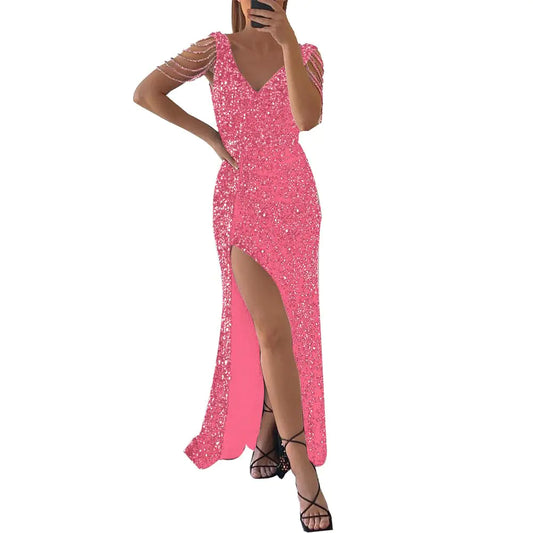 Cololura Women Sexy Elegant Sequin V Neck Tassel Mermaid Bodycon Formal Party Gowns Evening Maxi Dress