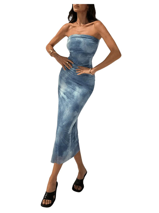 MakeMeChic Womens Strapless Maxi Dress Cocktail Mesh Ombre Bodycon Tube Dresses Blue A X-Small