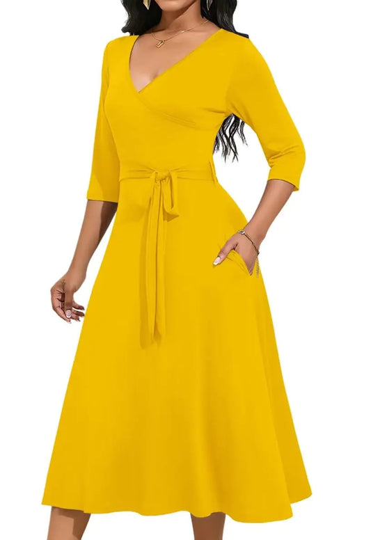 Magritta Womens Plus Size Cocktail Dresses Bright 3/4 Length Sleeve Dress with Belt V Neck Solid Color Midi Dresses Yellow 3XL