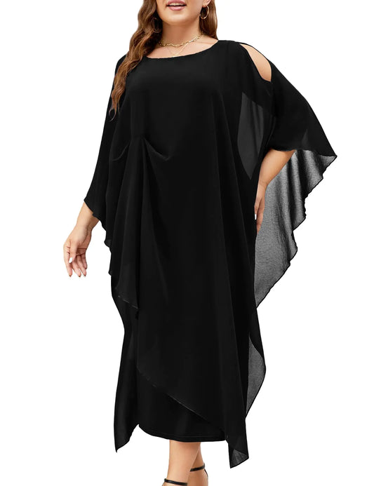 ZOMVA Plus Size Elegant Formal Dress Long Cape Overlay Wedding Guest Formal Cocktail Mother of Bride Outfit Black 2X