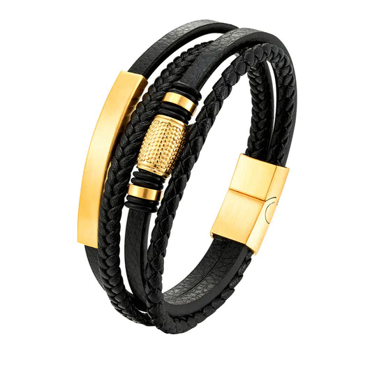 Men's Multilayer Leather Bracelet with Stainless Steel Beads