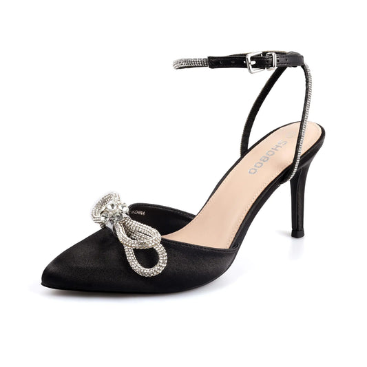 SHOBOO Womens Rhinestone Bow Heels Closed Toe Sparkly Pointed Toe Black Stiletto High Heels Ankle Strap Wedding Party Evening Dress Pumps Shoes