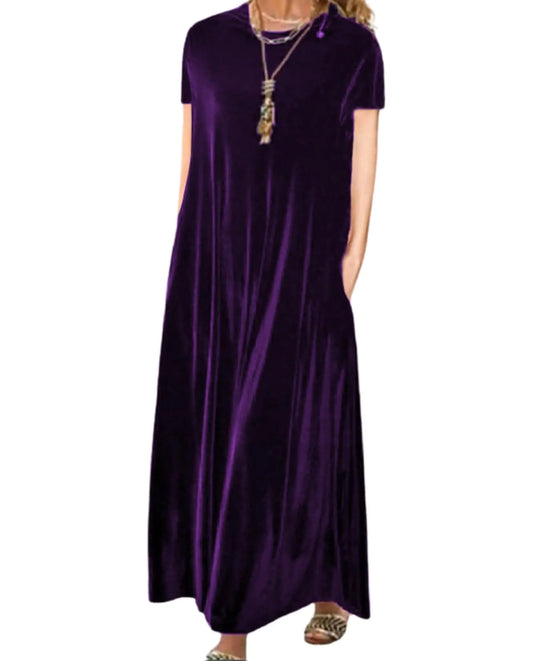 Elegant Vintage Velvet Dress for Women Plus Size Crewneck Short Sleeve Pleated Maxi Dresses Retro Velour Casual Long Dress