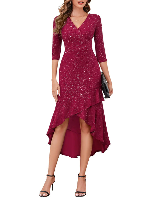 BeryLove Formal Wedding Guest Dress for Women Elegant High Low Sparkly Cocktail Special Occasion Evening Dress Ruffle Midi Gowns 7065 Rose L