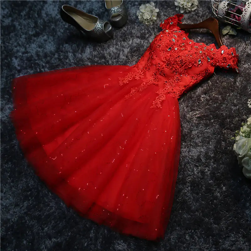 2020 Lace Off-Shoulder Red Cocktail Dress