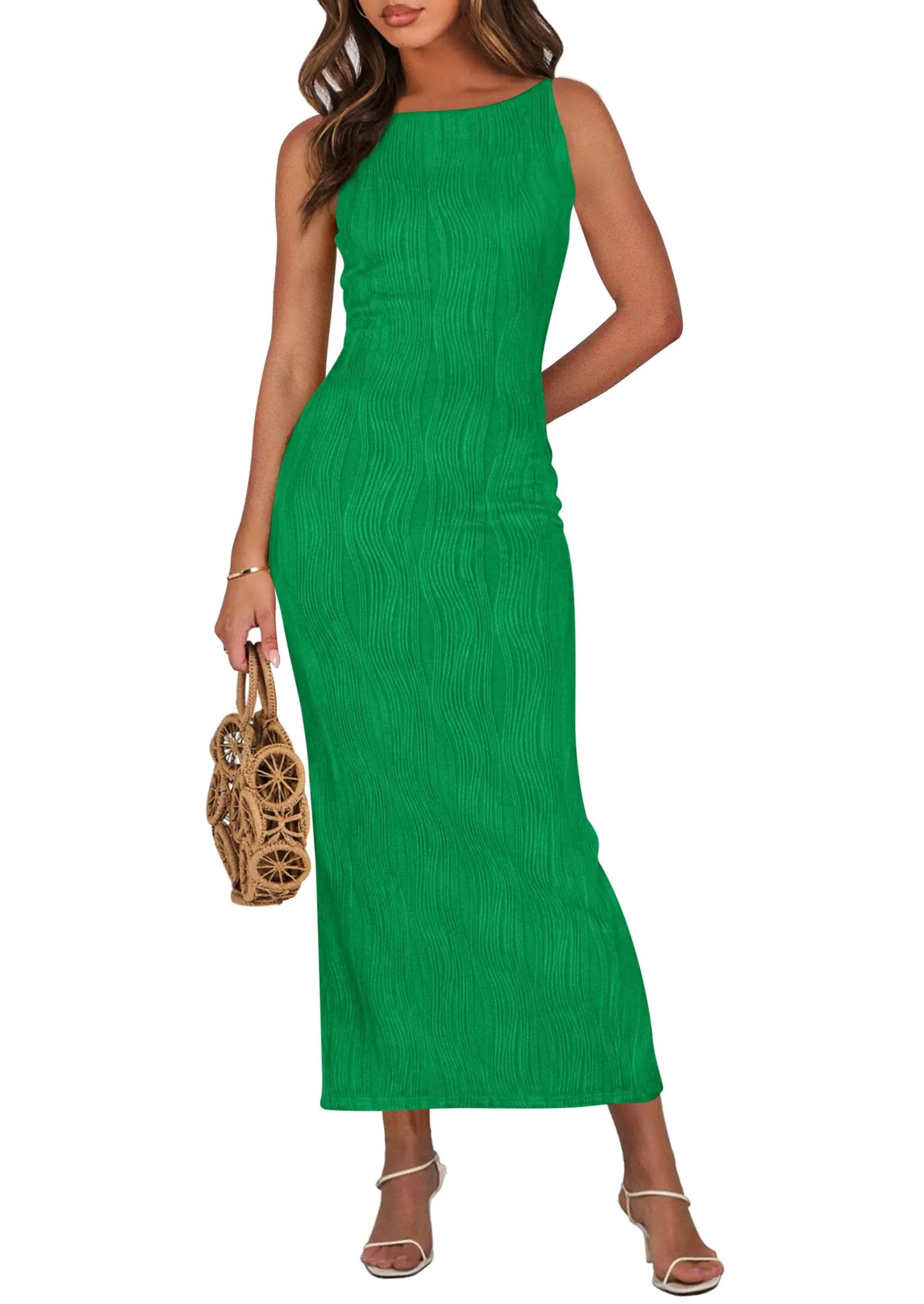 PRETTYGARDEN Womens Spaghetti Strap Bodycon Maxi Dress 2025 Summer Textured Sundress Elegant Wedding Guest Cocktail Dresses (GreenSmall)