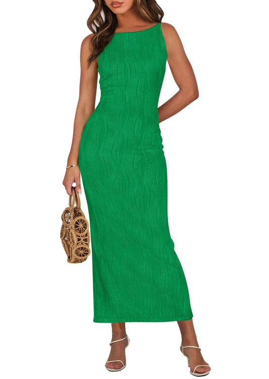 PRETTYGARDEN Womens Spaghetti Strap Bodycon Maxi Dress 2025 Summer Textured Sundress Elegant Wedding Guest Cocktail Dresses (GreenSmall)