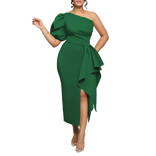 Cololura Women Sexy Elegant Lantern Sleeve One Shoulder Ruffle Bodycon Formal Dress Slit Cocktail Party Evening Gown Green