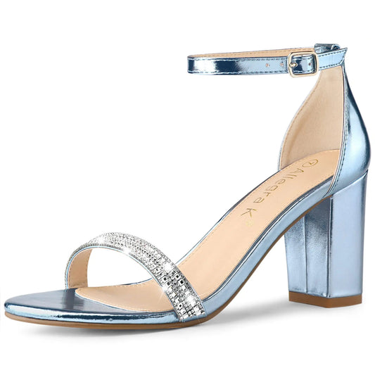 Allegra K Womens Rhinestone Ankle Strap Blue Chunky Heels Sandals - 9 M US
