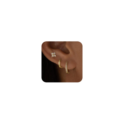 Feskive 3 Pairs Gold Hoop Earrings Set，Dainty 18K Gold/Silver Plated Cubic Zirconia Stud Earrings Small Hoop Earrings Hypoallergenic Cartilage Dangle Huggie Earrings Gold Jewelry for Women