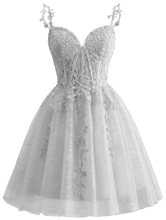 Yuxin Lace Tulle Homecoming Dresses for Juniors 2024 Spaghetti Strap Applique A Line Beaded Mini Silver Prom Cocktail Gowns for Juniors Girls Us4