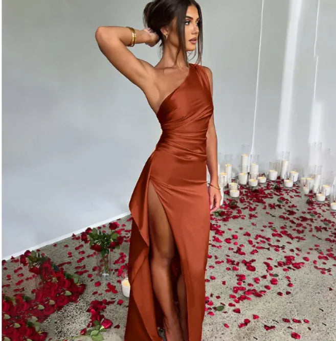 Sexy One-shoulder Backless Slit Dress Summer Elegant Slim-fit Solid Color Satin Dresses For Women