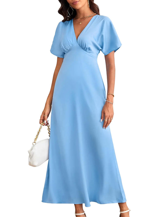 VAFADRESS Womens 2024 Satin Dress Elegant Deep V Neck Flutter Sleeve A-Line Gown Cocktail Party Maxi Dresses LightBlue S