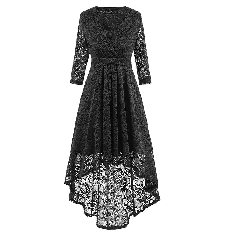 Lace Cocktail Dress with V-Neck, 3/4 Sleeve Design