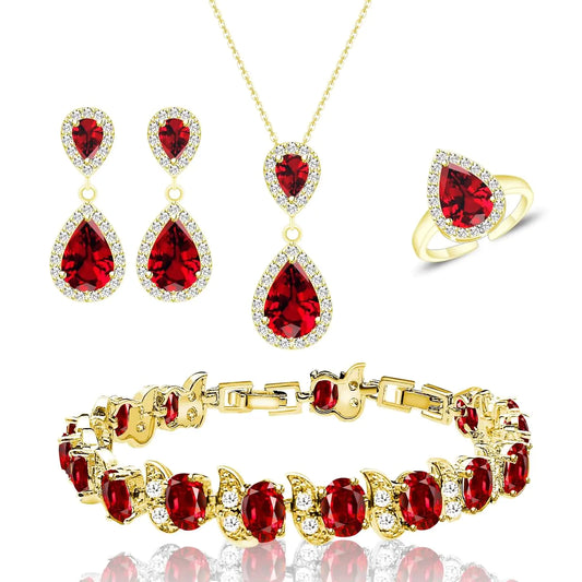 LMXXVJ Created Red Garnet 18K Gold Plated Jewelry Set For WomenRed Cubic Zirconia Necklace Ring Stud Earrings Bracelet Costume Jewelry Set Gifts