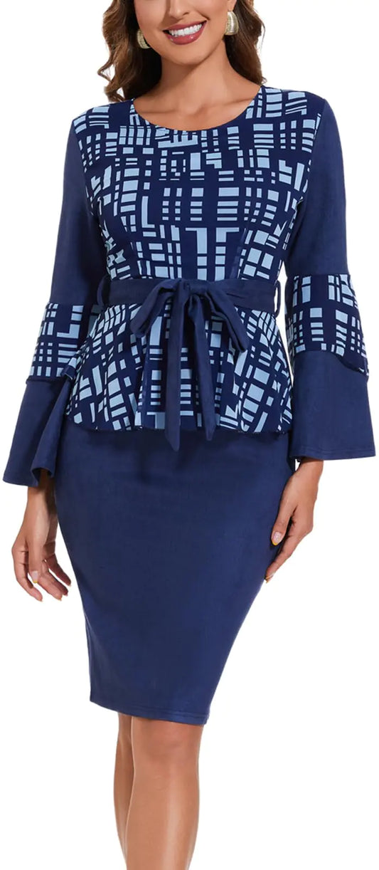 Womens Classic Long Sleeve Business Dress Elegant Wedding Party Night Out Prom Wrap Split Pencil Wear to Work Dresses(36Navy BlueLarge)