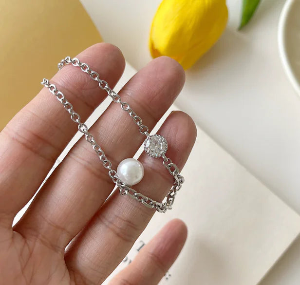 S925 Silver Pearl Cross Chain Bracelet Jewelry
