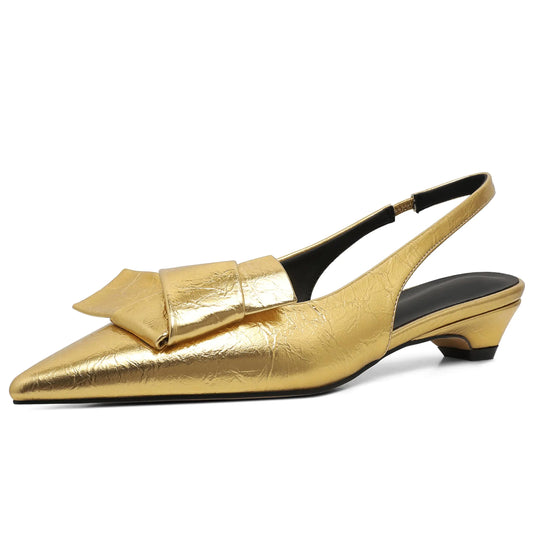 Yremael Womens Kitten Heels Gold Heels Pumps Bow Heels Dress Shoes Chunky Heels Wedding Shoes Slingback Heels Pointed Toe Heels Bridal Shoes