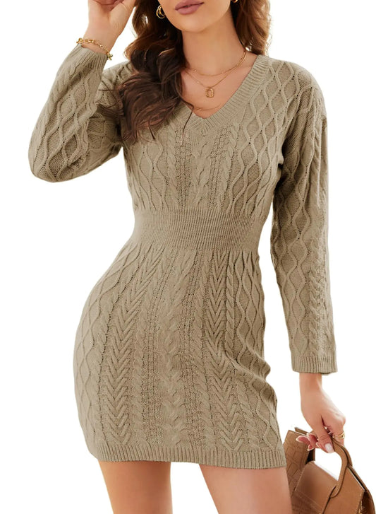 Dokotoo Womens 2024 Fall Sweater Dresses Elasticity V Neck Bodycon Cable Knit Mini Dresses Long Sleeve Elegant Oversized Khaki Pullover Jumper Sweaters Large
