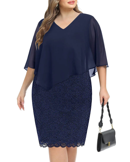 Women Plus Size Mother of Bride Dresses Navy Wedding Guest Cocktail Cape Semi Formal Chiffon Overlay Lace Pencil Dress