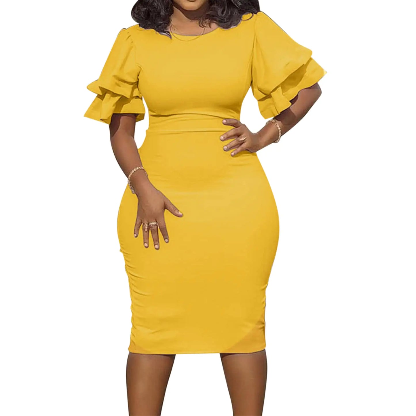 Women Ruffle Sleeve Round Neck Elegant Midi Pencil Dress Bodycon Cocktail Party Formal Dress Yellow XXL