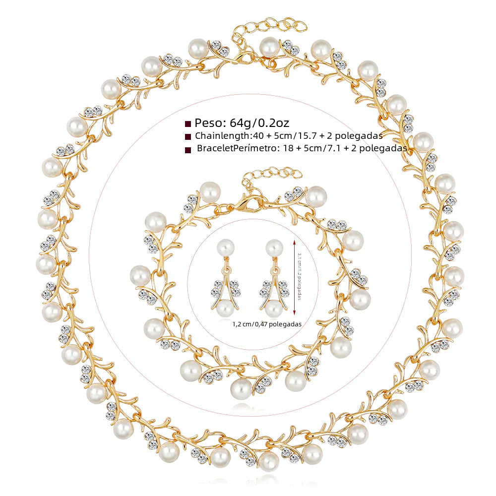 Fashion Floral Pearl Jewelry Set with Earrings, Necklace, Bracelet