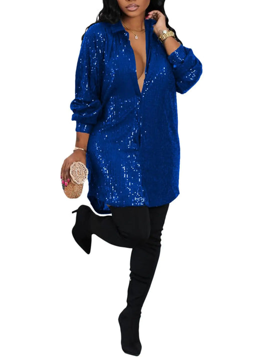 JEKYUARA Sequin Sparkly Dresses for Women Long Sleeve Button Down Tunic Tops Dressy Shirt Glitter Mini Dresses Clubwear Blue