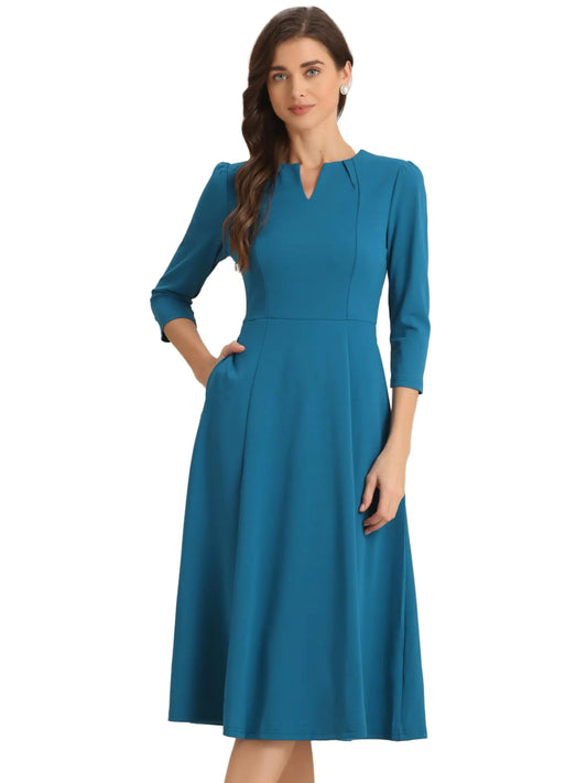 Allegra K Womens 3/4 Sleeve Dresses V Neck Pockets Elegant A-Line Dress Work Business Fall Outfits Medium Peacock Blue