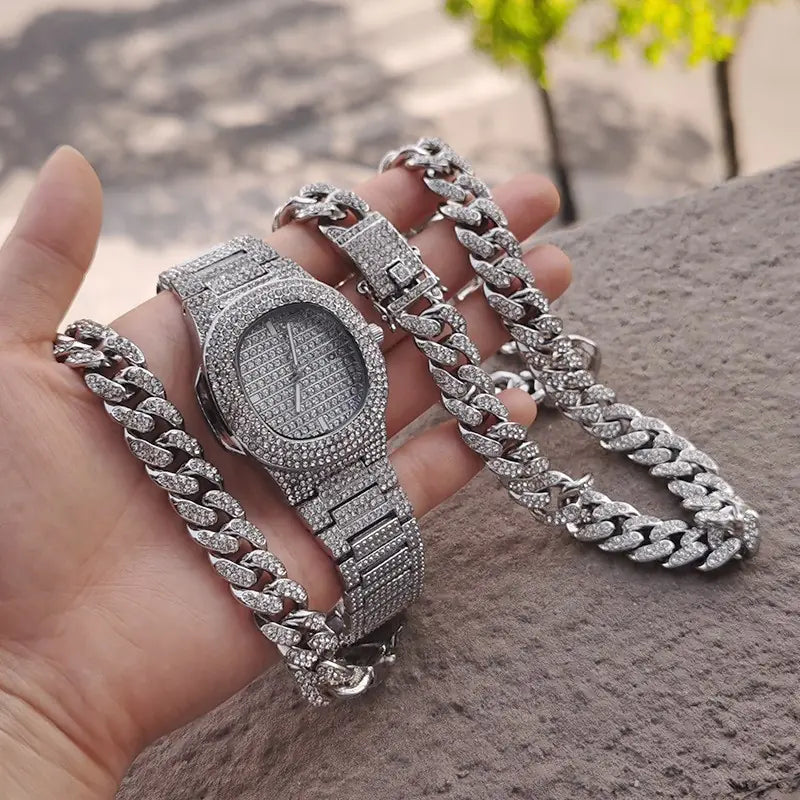 Gold-Plated Hip Hop Men's Jewelry Set with Rhinestones
