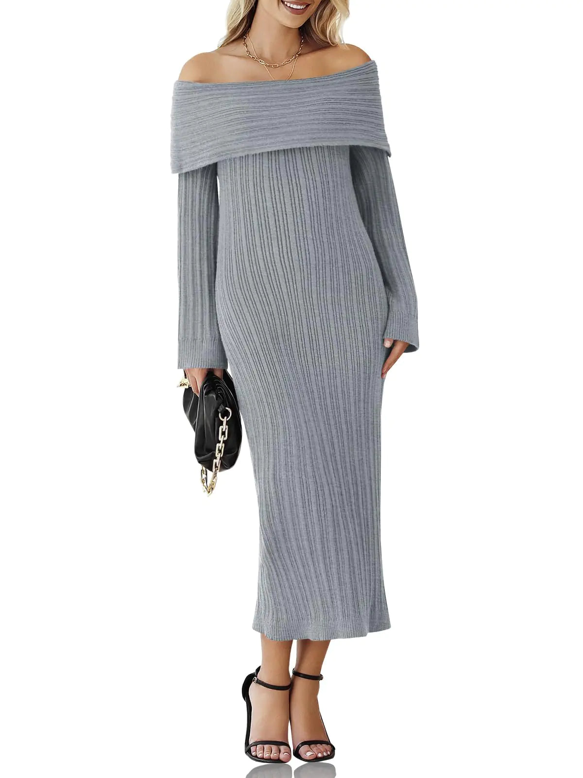 Saodimallsu Womens Off Shoulder Maxi Sweater Dress Long Sleeve Bodycon Sexy Elegant Cocktail Party Knit Dresses Grey