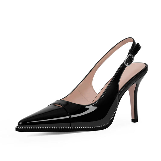 Odetina Womens Slingback Stiletto High Heels Pointed Toe Patent Leather Dress Pumps (Black10)