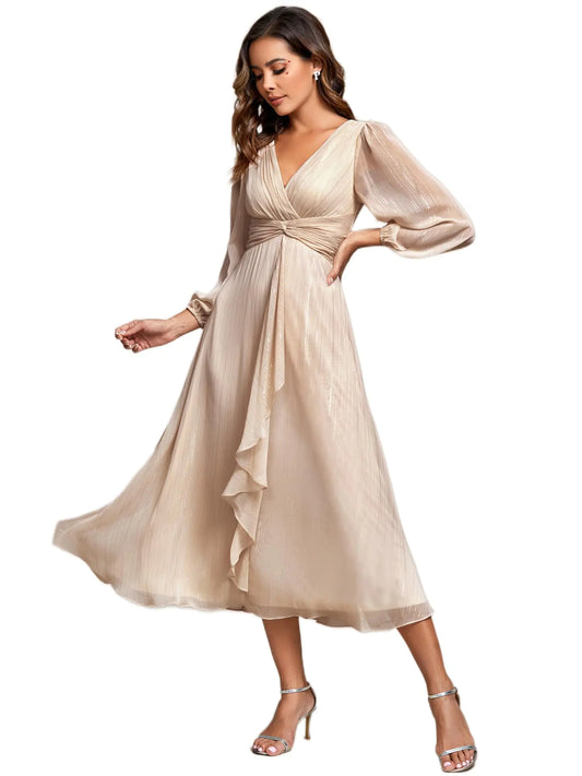 Ever-Pretty Womens Elegant A Line Ruched V Neck Long Sleeves Tea-Length Wedding Guest Dresses Champagne US08
