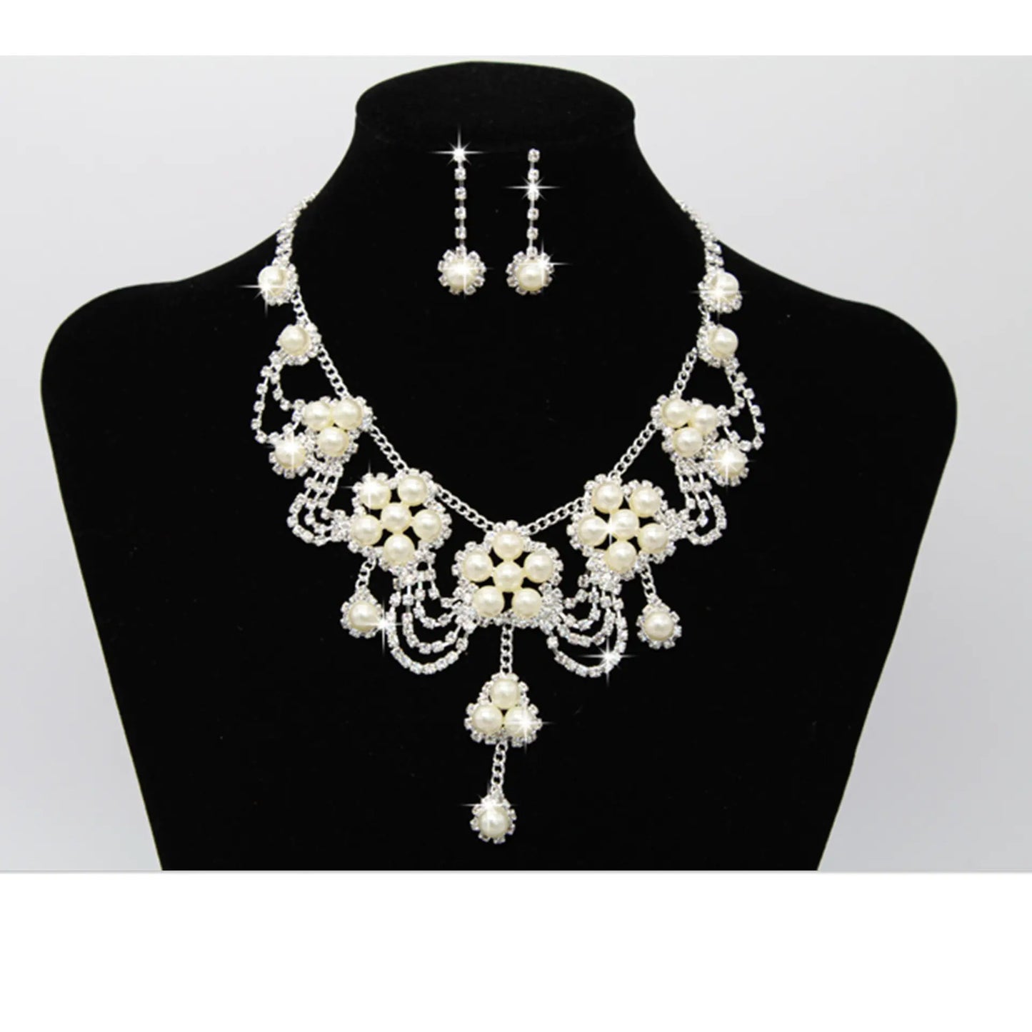 Bridal Pearl Necklace and Rhinestone Jewelry Set