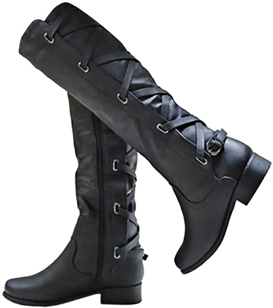 Womens Lace Up Knee High Boots Motorcycle Riding Flat Low Heels Strappy Winter Boots