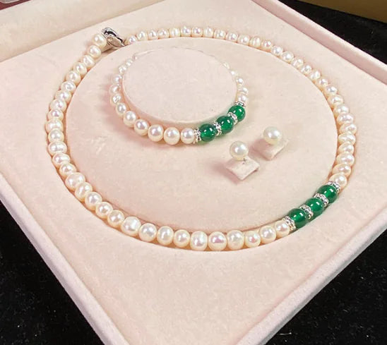 Agate Pearl Jewelry Set: Necklace, Bracelet, Ear Studs