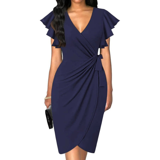 2024 Womens Deep V Neck Ruffle Sleeve Plus Size Formal Work Cocktail Party Elegant Ruched Midi Wrap Dress with Belt