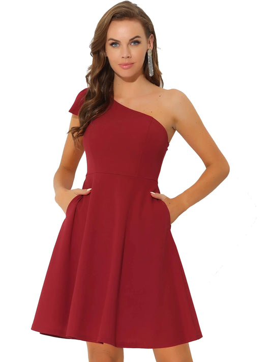 Allegra K Evening Cocktail Dress for Womens Party Elegant Flared One Shoulder Formal Dresses 3X-Large Red