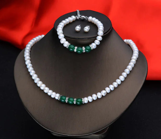 Agate Pearl Jewelry Set: Necklace, Bracelet, Ear Studs