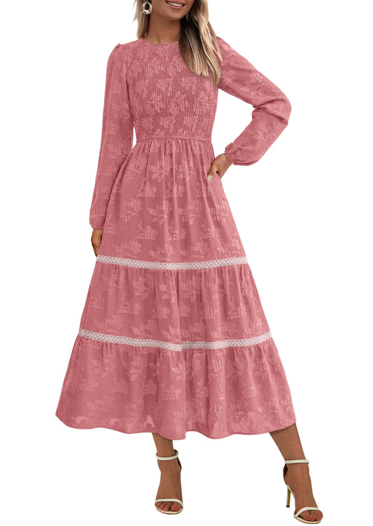 PRETTYGARDEN Womens Fall Midi Dress Elegant Floral Long Sleeve Smocked Boho Wedding Party Long Flowy Dresses (Bean Paste PinkLarge)