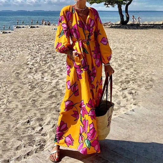"Fall Fashion Casual V-neck Long Sleeve Loose Dress"
