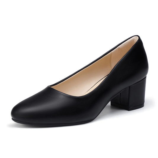 IDIFU Black Heels Womens Pumps Low Chunky Block Closed Toe Heels Comfortable Short Thick Heels Dress Shoes for Women Work Prom Office Heels Dressy Formal Classic Round Toe Pumps Shoes(Black Pu 7)
