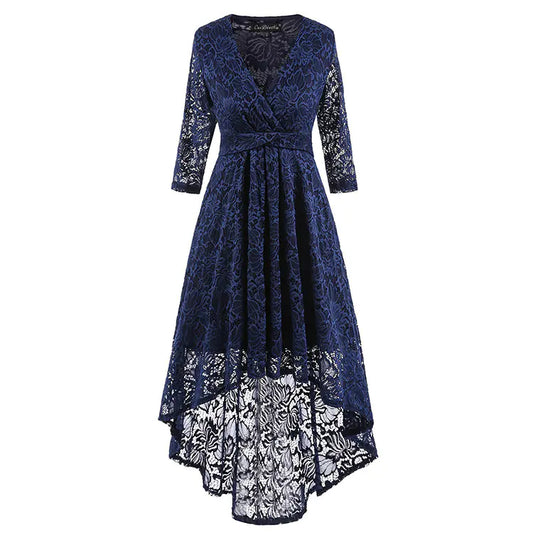 Lace Cocktail Dress with V-Neck, 3/4 Sleeve Design