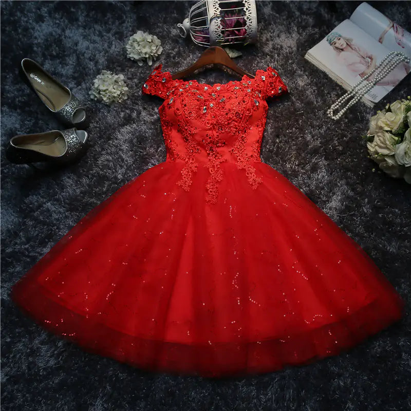 2020 Lace Off-Shoulder Red Cocktail Dress