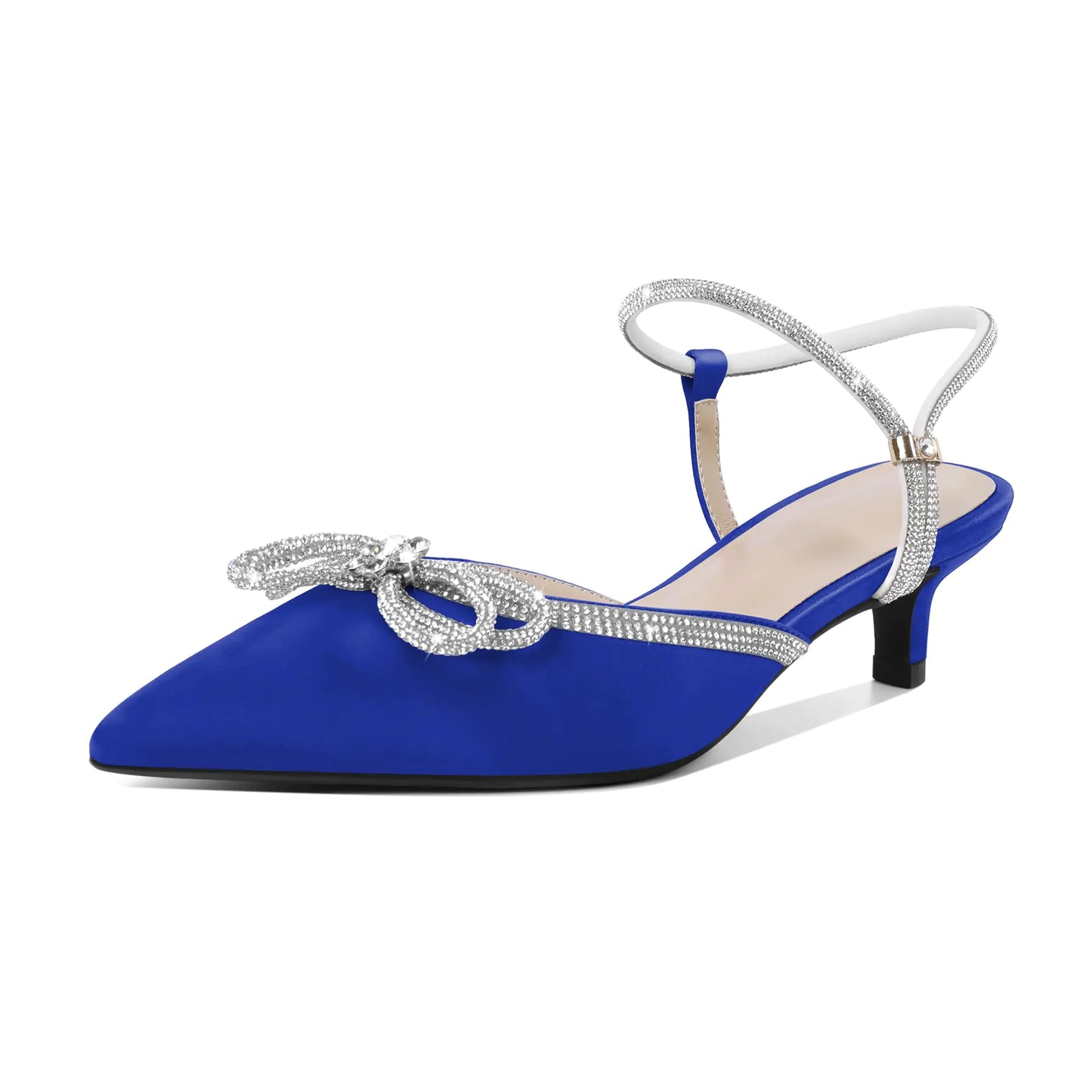 Eldof Womens Heels with Bow Sparkly Rhinestone Closed Pointed Toe Slingback Low Heel Pumps Ankle Strap Bridal Wedding Dress Shoes 1.5 Inches Satin Royal Blue US Size 7.5