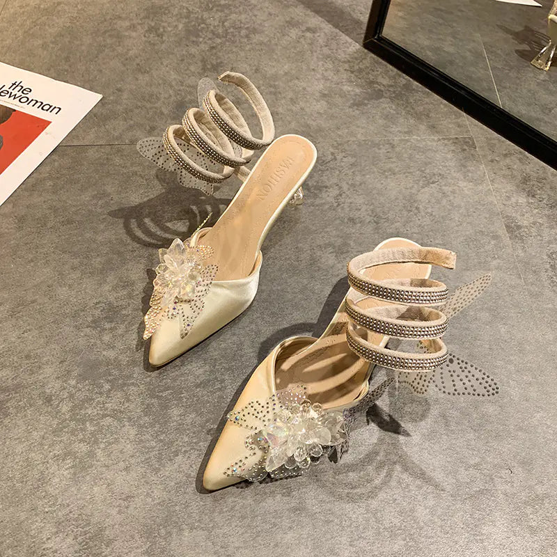 Fashionable Pointed Butterfly Rhinestone High Heels